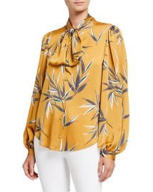 Equipment Cleone Printed Button-Front Tie-Neck Long-Sleeve Top at Neiman Marcus